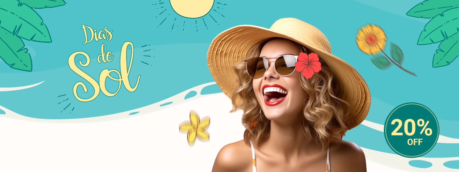 Uma mulher com óculos de sol e chapéu de sol, com uma temática de praia e flores a cair com um fundo de praia.